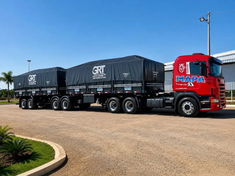 Caminhões da frota própria da Mapa Transportes em pátio